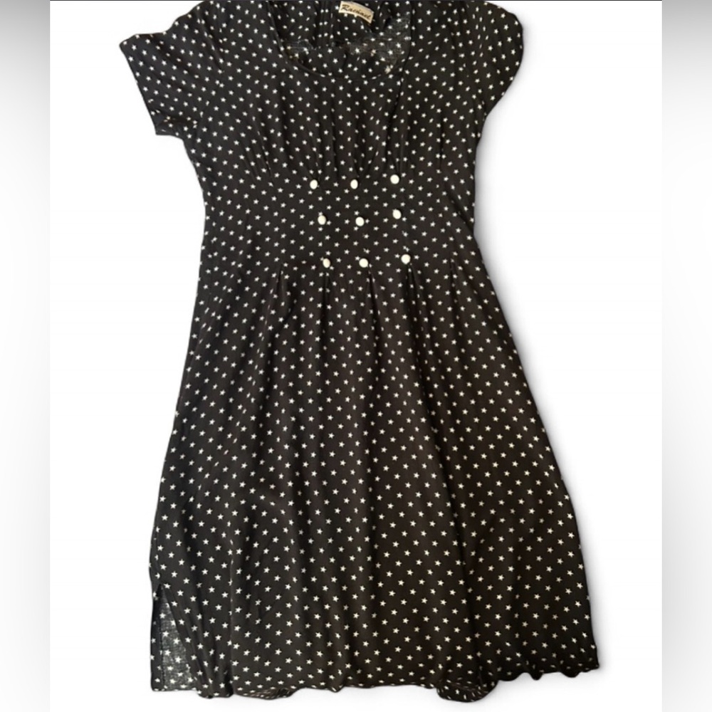 Designed by Rachel Black Cotton Dress with Star Print and Button Details (L)
